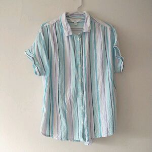 Time &Tru Shirt Blouse Womens M Blue Striped Linen Blend Buttons Camp Boxy Beach